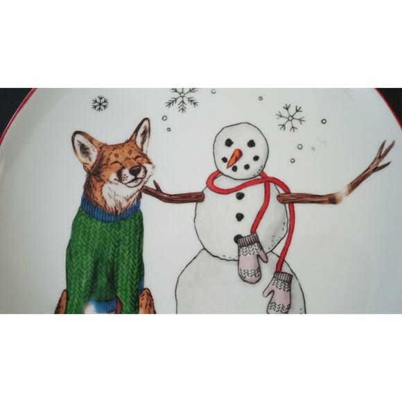 West Elm Rachel Kozlowski Dapper Animal Winter Fox Snowman Plate Salad Dessert - Picture 3 of 8